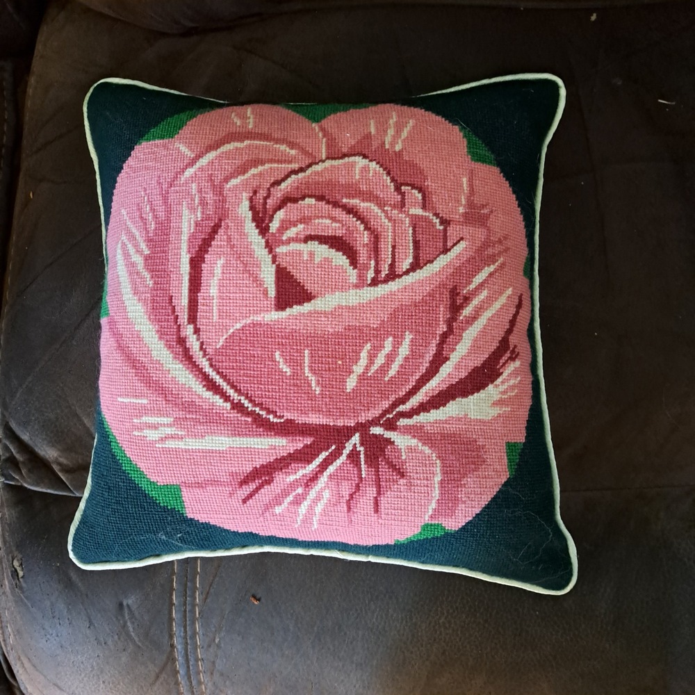 Vintage Floral Rose Needlepoint Pillow